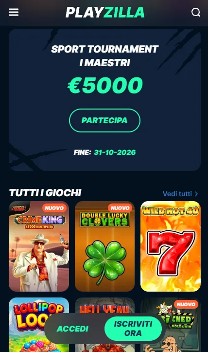 Pagina mobile PlayZilla con casinò e scommesse
