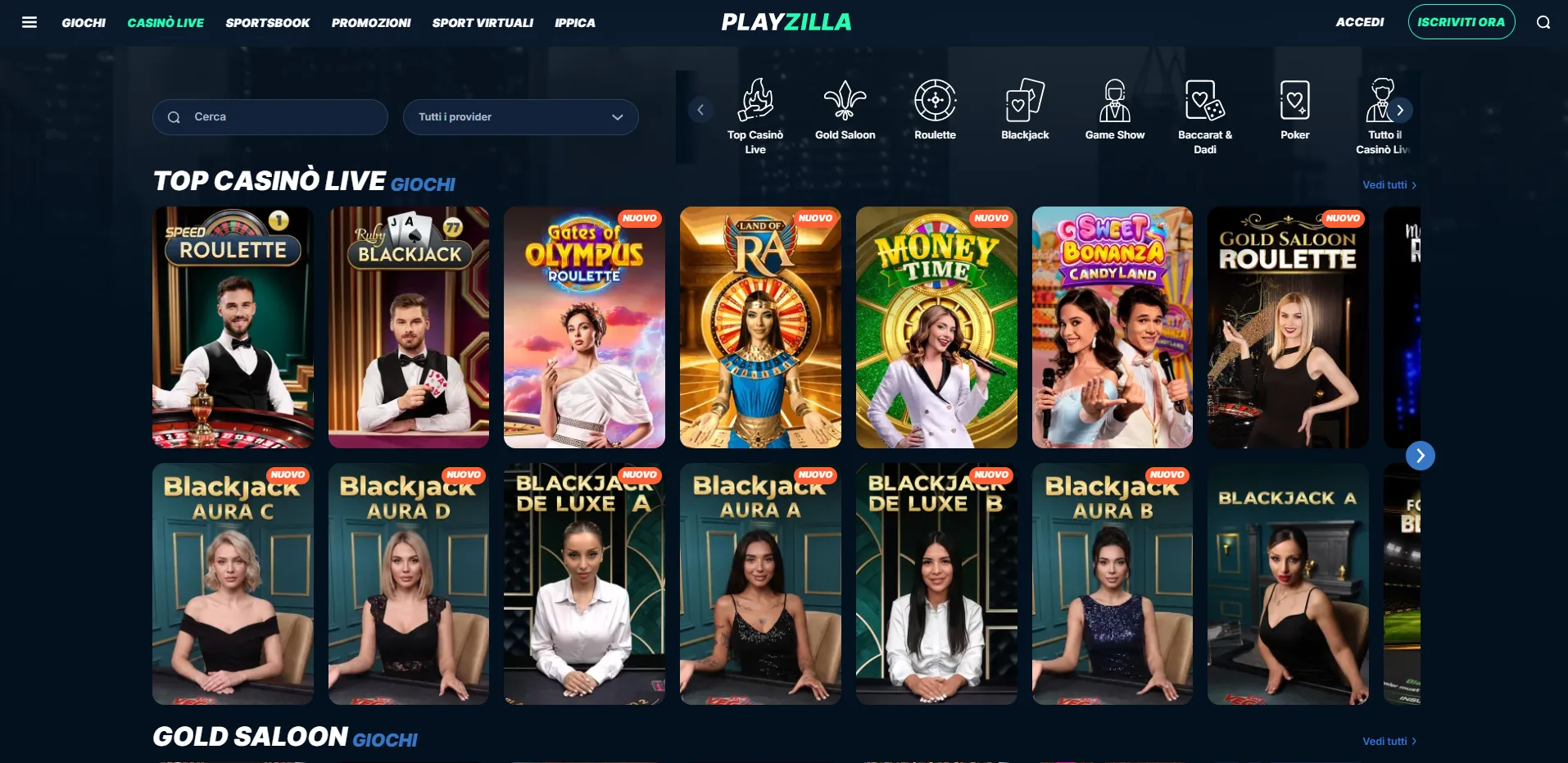 Area live casino PlayZilla con tavoli disponibili