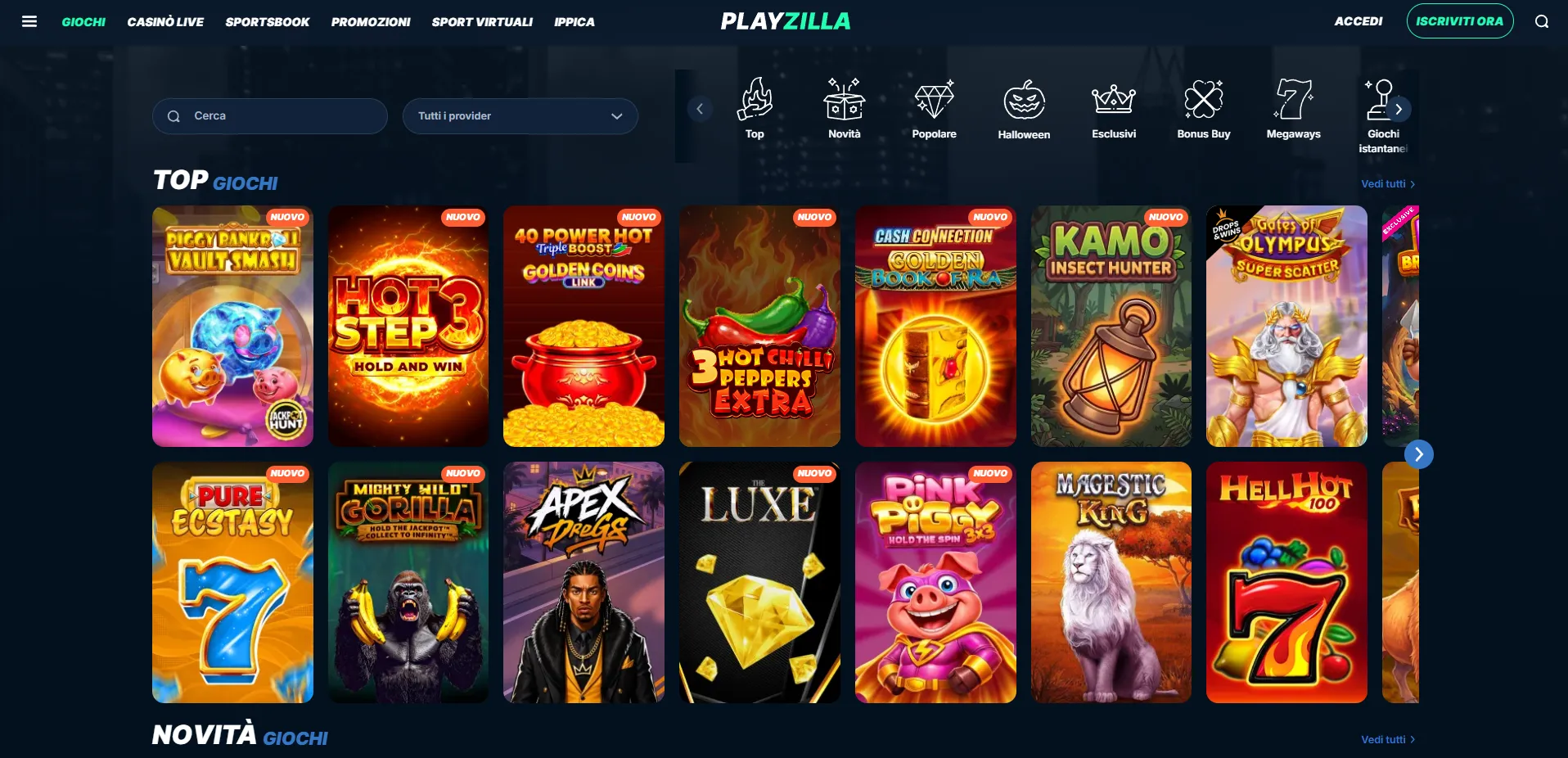 Lobby PlayZilla con categorie di giochi casino