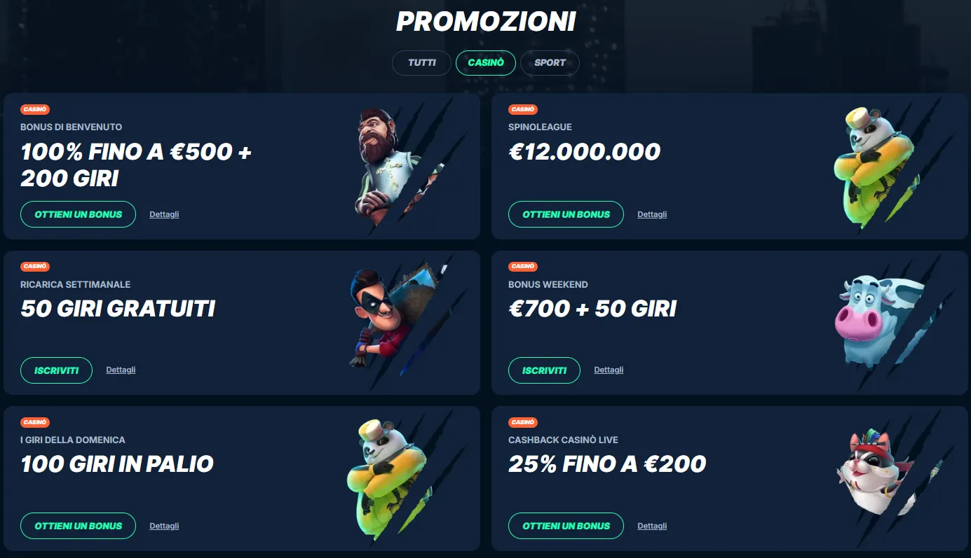 Schermata PlayZilla con offerte promozionali per casino e sport