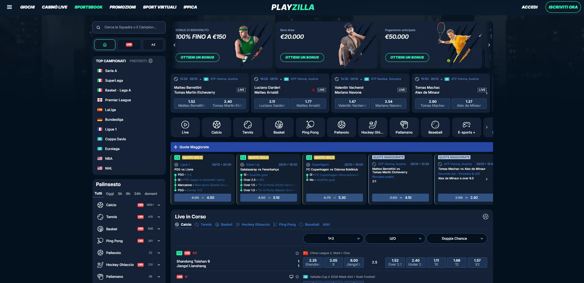 Interfaccia PlayZilla per scommesse sportive pre-match e live