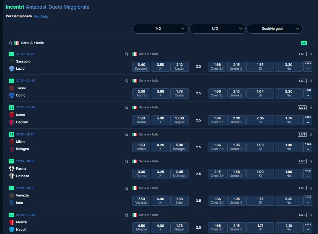 Menu PlayZilla con discipline sportive disponibili per scommettere